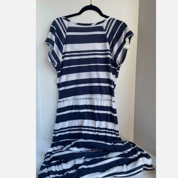 Splendid Maxi Dress Large Blue White Stripe Short Sleeve Scoop Neck Column - Picture 3 of 7